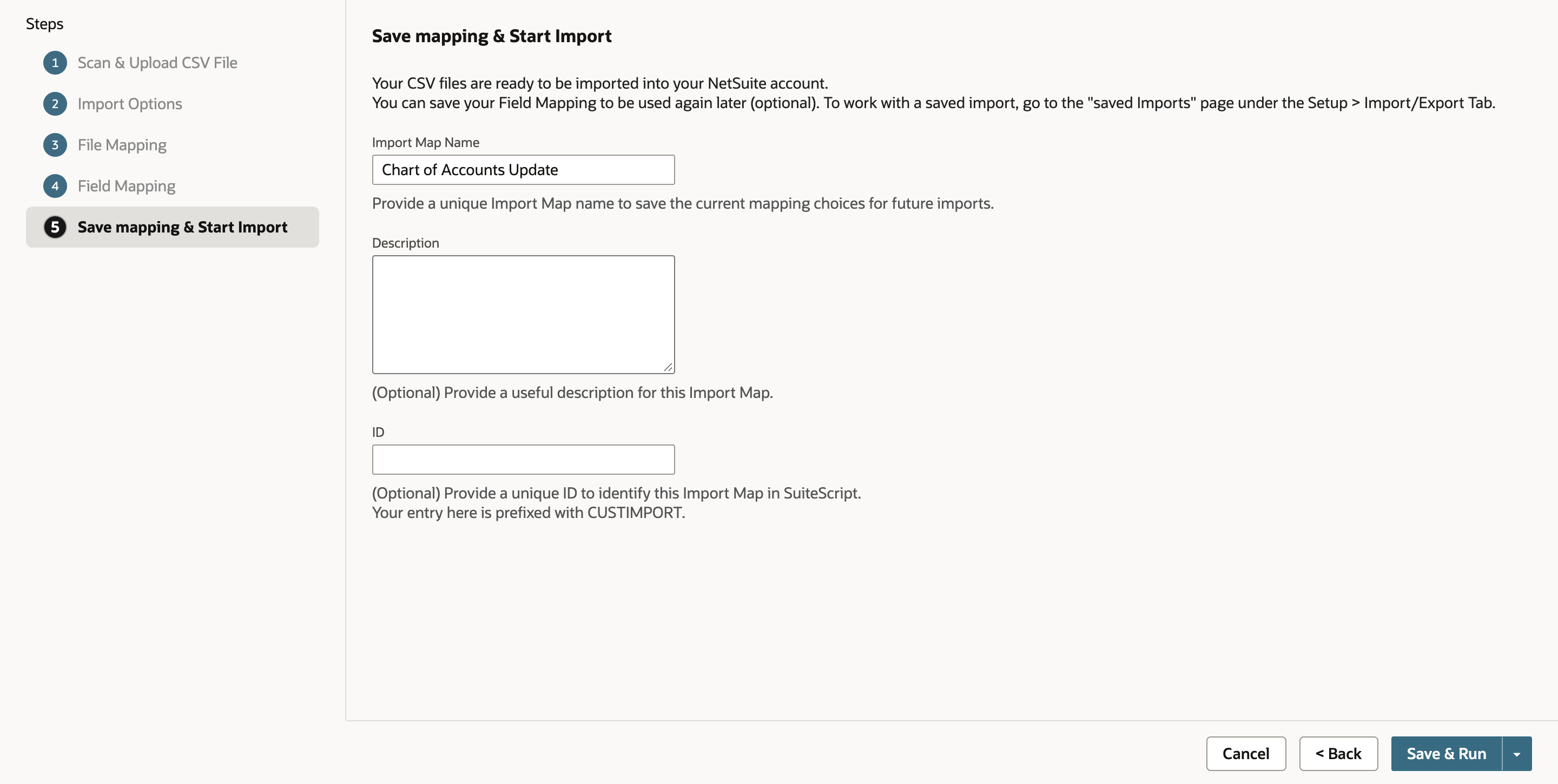 Import Assistant Save mapping and Start Import step with Import Map Name set to Chart of Accounts Update. A red arrow points at the Save and Run button.