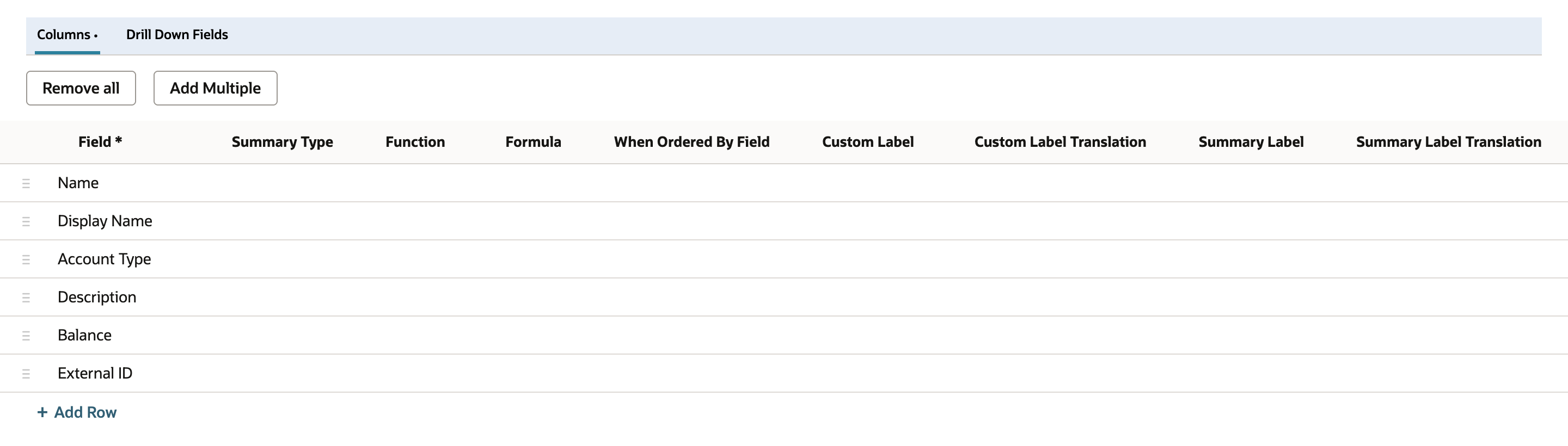Results subtab of a new Account saved search with columns Name, Display Name, Account Type, Description, Balance and a newly added External ID row, marked by a red arrow.