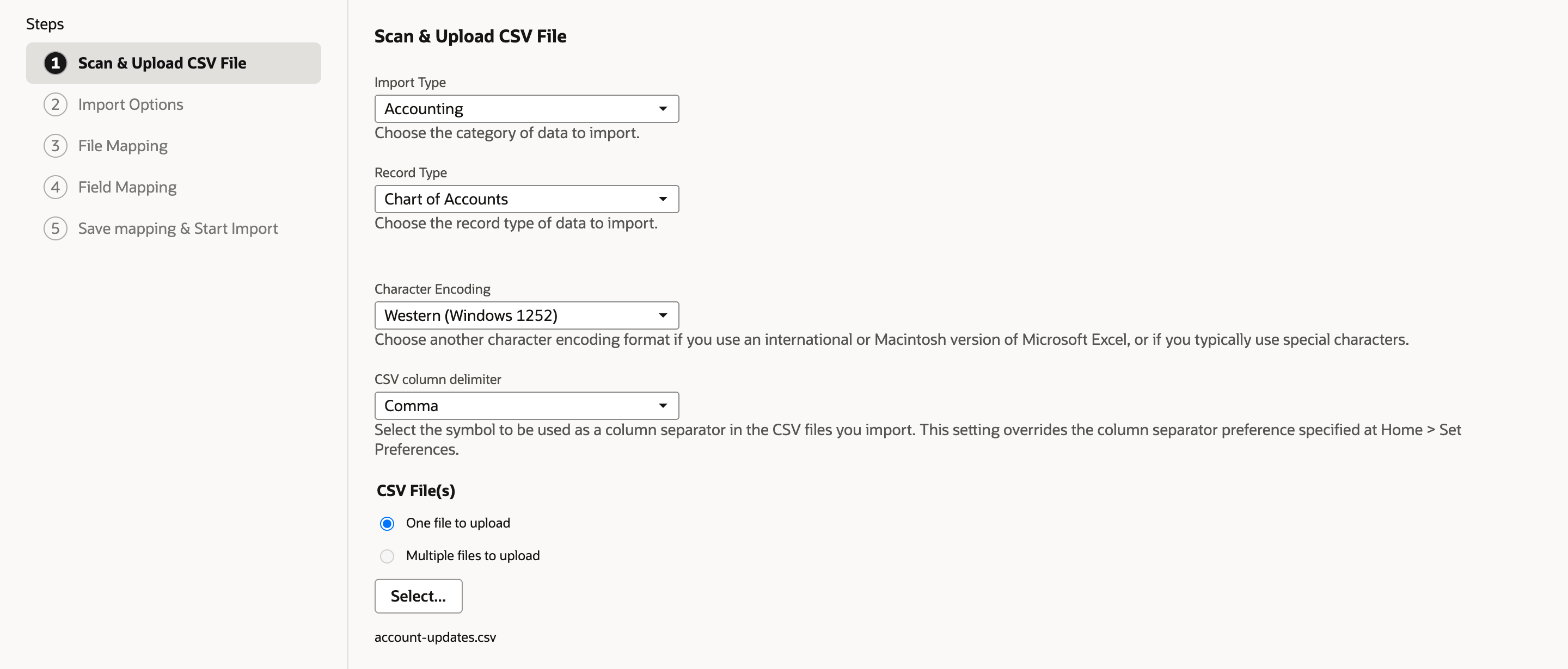 Import Assistant, Scan and Upload CSV File step, with Import Type Accounting, Record Type Chart of Accounts, and account-updates.csv chosen under CSV File(s). A red arrow points at the file name.