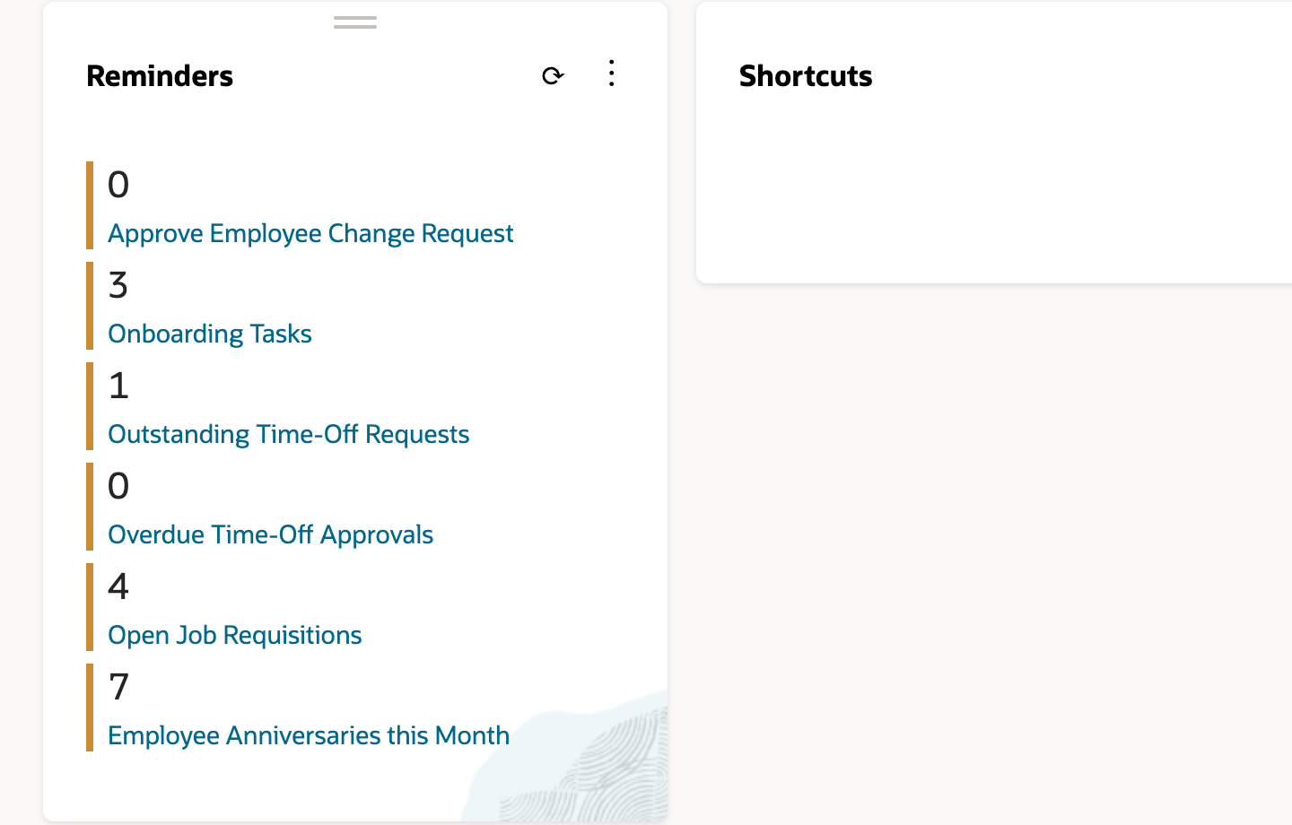 Reminders portlet on the HR Manager home page: 0 Approve Employee Change Request, 3 Onboarding Tasks, 1 Outstanding Time-Off Requests, 0 Overdue Time-Off Approvals, 4 Open Job Requisitions, 7 Employee Anniversaries this Month. An arrow points to Outstanding Time-Off Requests.