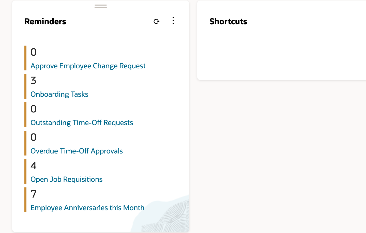 Reminders portlet after approval: 0 Approve Employee Change Request, 3 Onboarding Tasks, 0 Outstanding Time-Off Requests, 0 Overdue Time-Off Approvals, 4 Open Job Requisitions, 7 Employee Anniversaries this Month. An arrow points to Outstanding Time-Off Requests.