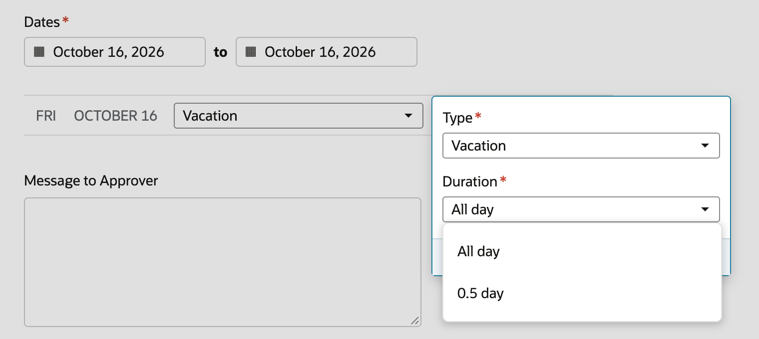 Type and Duration panel next to the October 16 row. Type is Vacation. The Duration list is open with All day and 0.5 day.