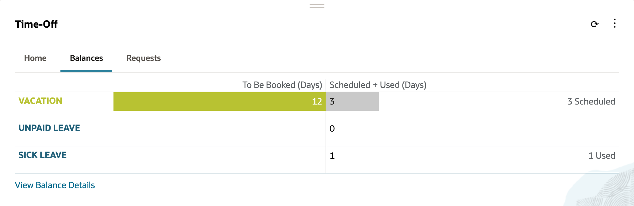 Time-Off portlet Balances tab after approval. Vacation: 12 to be booked and 3, labeled 3 Scheduled. Unpaid Leave: 0. Sick Leave: 1, labeled 1 Used.