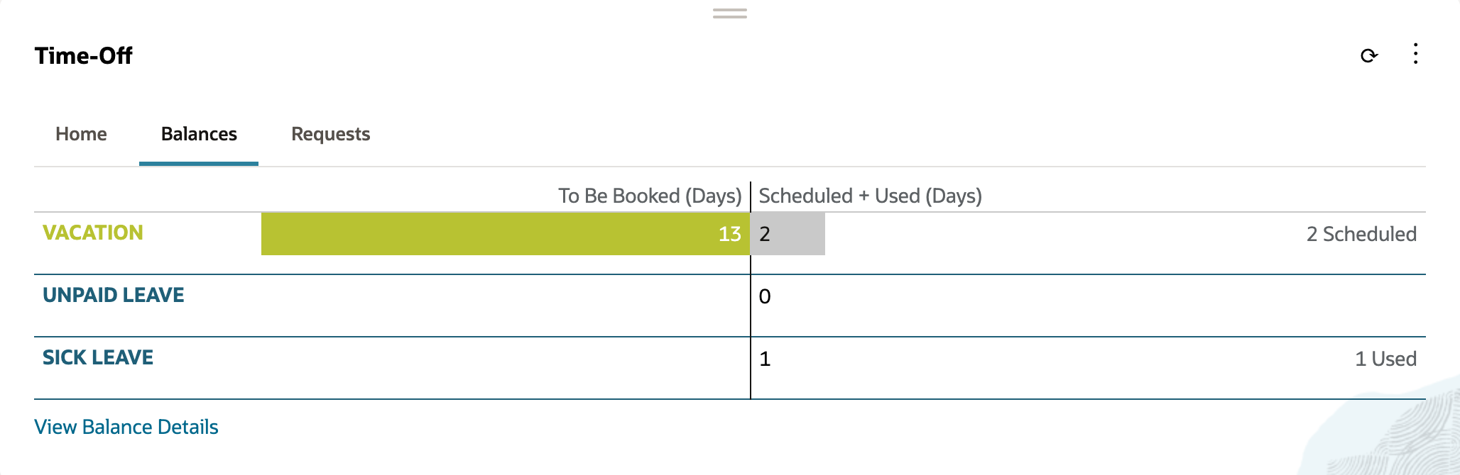 Time-Off portlet Balances tab with columns To Be Booked (Days) and Scheduled + Used (Days). Vacation: 13 to be booked and 2, labeled 2 Scheduled. Unpaid Leave: 0. Sick Leave: 1, labeled 1 Used.