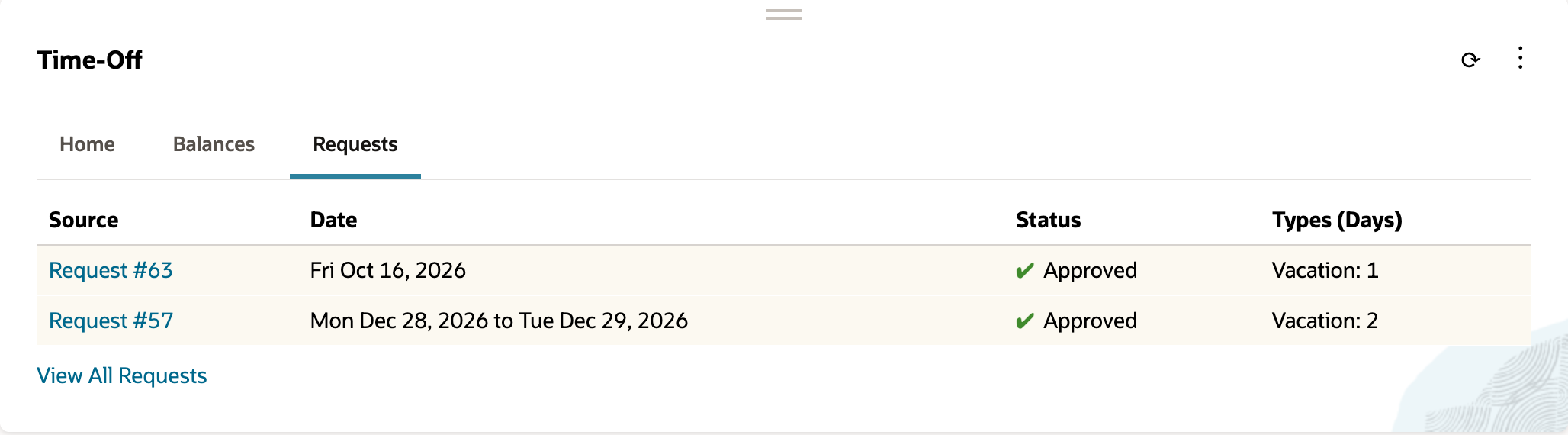 Time-Off portlet Requests tab after approval. Request #63, Fri Oct 16, 2026, Approved, Vacation: 1. Request #57, Mon Dec 28, 2026 to Tue Dec 29, 2026, Approved, Vacation: 2.