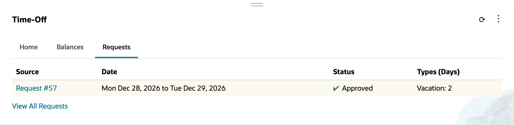 Time-Off portlet Requests tab with columns Source, Date, Status and Types (Days). One row: Request #57, Mon Dec 28, 2026 to Tue Dec 29, 2026, Approved, Vacation: 2.