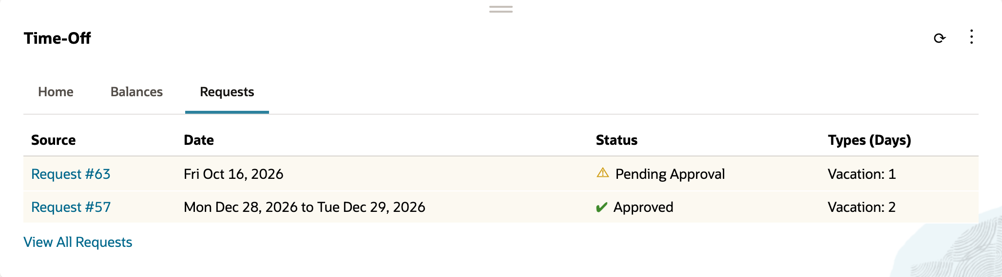 Time-Off portlet Requests tab. Request #63, Fri Oct 16, 2026, Pending Approval with a warning icon, Vacation: 1. Request #57, Mon Dec 28, 2026 to Tue Dec 29, 2026, Approved, Vacation: 2.