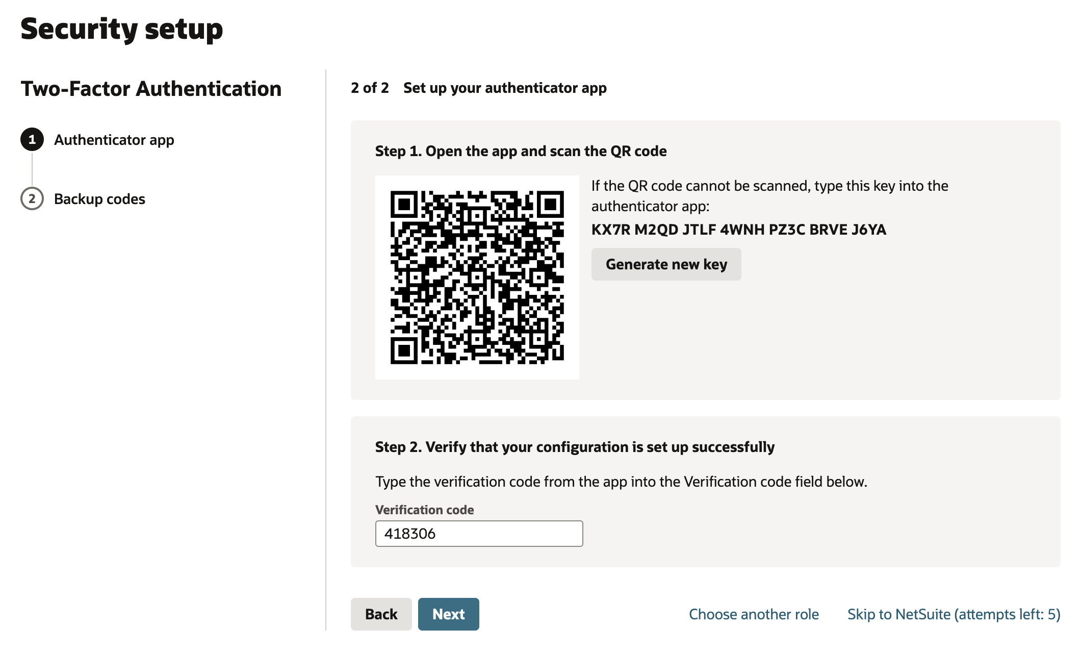 Security setup, step 2 of 2, Set up your authenticator app: a QR code with the key KX7R M2QD JTLF 4WNH PZ3C BRVE J6YA and a Generate new key button, then 418306 typed in Verification code above Back and Next.