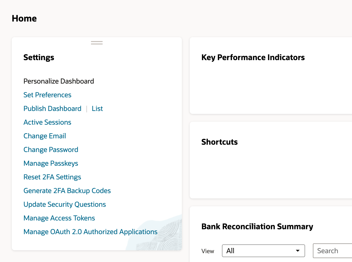 Settings portlet on the NetSuite Home dashboard listing Personalize Dashboard, Set Preferences, Publish Dashboard, Active Sessions, Change Email, Change Password, Manage Passkeys, Reset 2FA Settings, Generate 2FA Backup Codes, Update Security Questions, Manage Access Tokens and Manage OAuth 2.0 Authorized Applications.