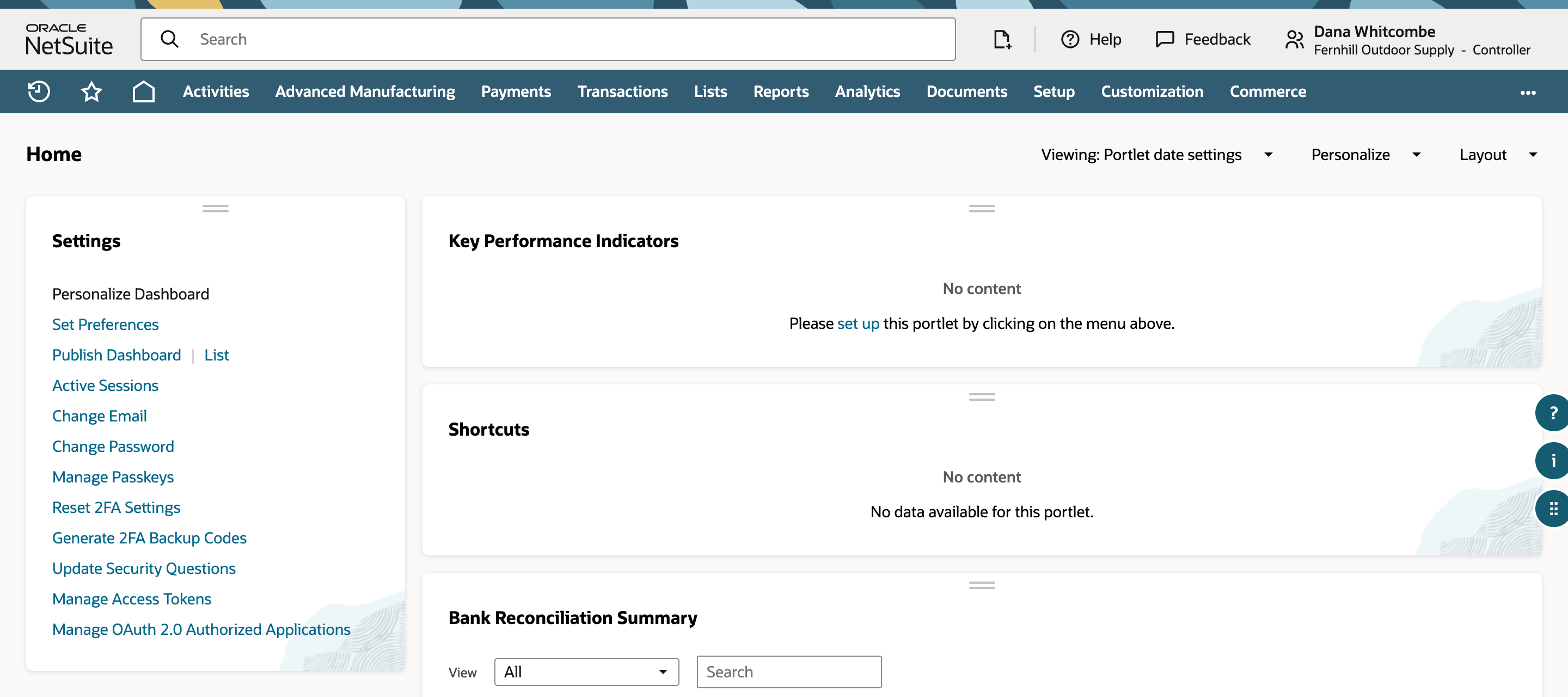 NetSuite Home for Dana Whitcombe, Fernhill Outdoor Supply, Controller, after setup. The Settings portlet lists Reset 2FA Settings and Generate 2FA Backup Codes again after Manage Passkeys.