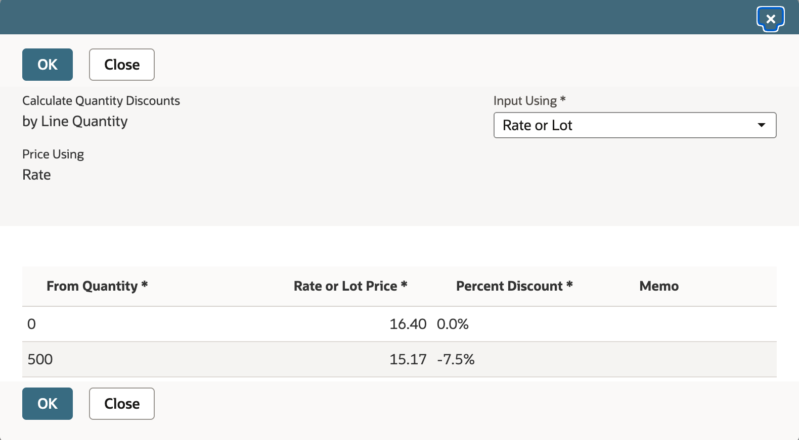 Additional Pricing dialog in edit mode for the ball valve: From Quantity 0 at 16.40 with 0.0%, and From Quantity 500 at 15.17 with -7.5%.