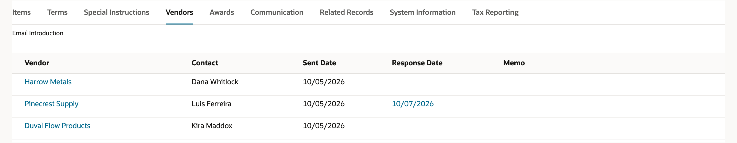 Vendors subtab of the buyer's RFQ14: Harrow Metals with Dana Whitlock, Pinecrest Supply with Luis Ferreira, and Duval Flow Products with Kira Maddox, each with Sent Date 10/05/2026. Only Pinecrest Supply has a Response Date, 10/07/2026, shown as a link. An arrow points to 10/07/2026.