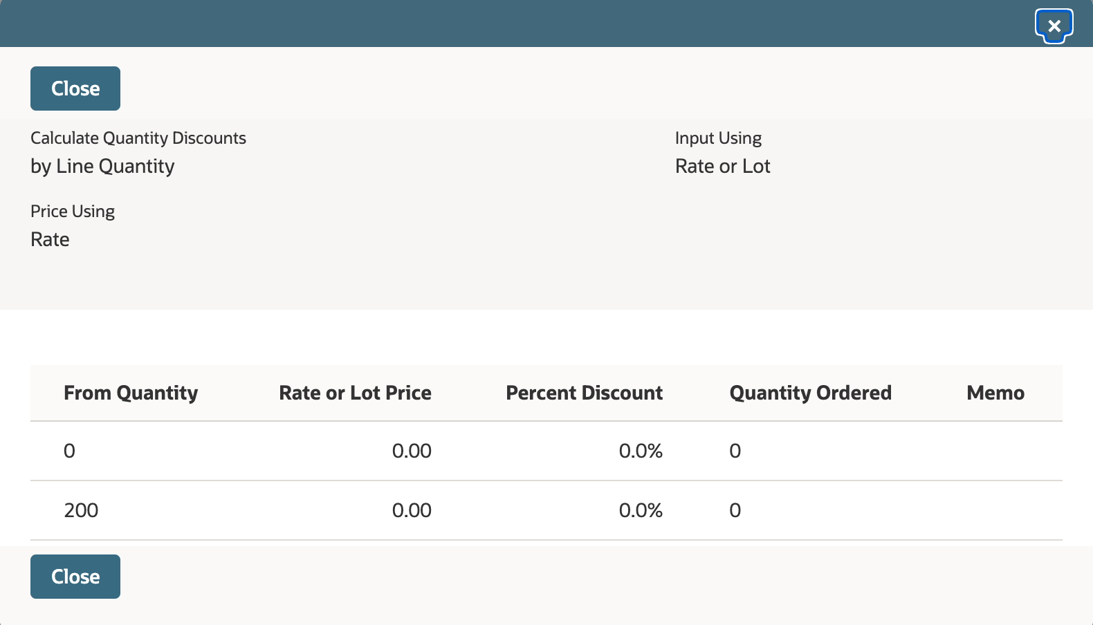 Read-only Additional Pricing dialog for the gate valve: Calculate Quantity Discounts by Line Quantity, Price Using Rate, Input Using Rate or Lot, and two tiers, From Quantity 0 and 200, each with Rate or Lot Price 0.00, Percent Discount 0.0% and Quantity Ordered 0.