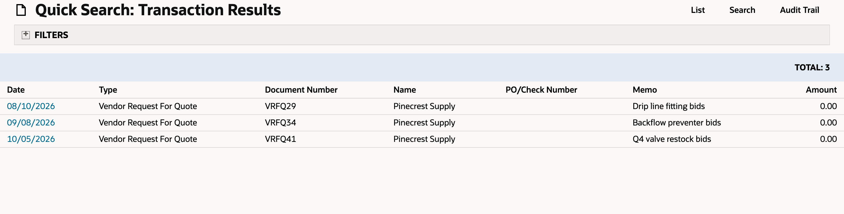 Quick Search: Transaction Results, Total 3, with columns Date, Type, Document Number, Name, PO/Check Number, Memo and Amount: 08/10/2026 VRFQ29 Drip line fitting bids, 09/08/2026 VRFQ34 Backflow preventer bids, and 10/05/2026 VRFQ41 Q4 valve restock bids, all Vendor Request For Quote for Pinecrest Supply with amount 0.00. An arrow points to the 10/05/2026 date link.