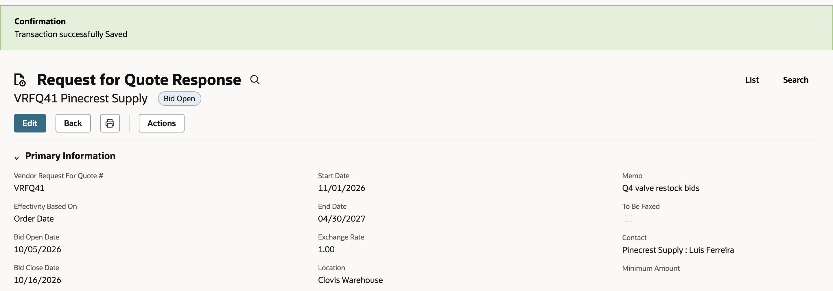 Confirmation band reading Transaction successfully Saved above Request for Quote Response VRFQ41 Pinecrest Supply, status Bid Open, with Bid Open Date 10/05/2026, Bid Close Date 10/16/2026, Start Date 11/01/2026 and End Date 04/30/2027.