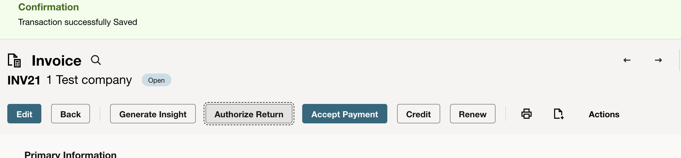 NetSuite: Choose Authorize Return on the intended invoice.
