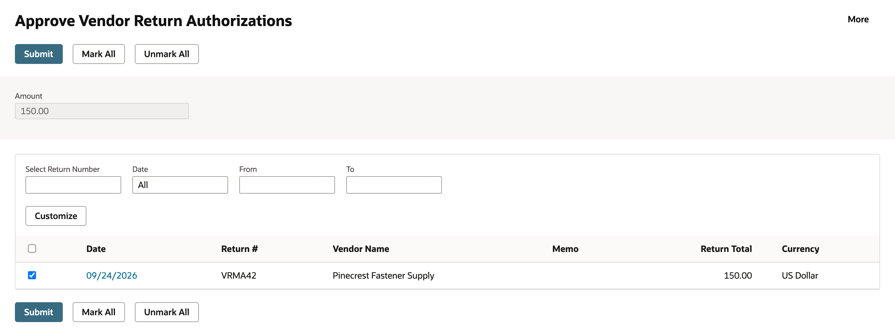 Approve Vendor Return Authorizations page with VRMA42, Pinecrest Fastener Supply, Return Total 150.00, checked, and a Submit button.