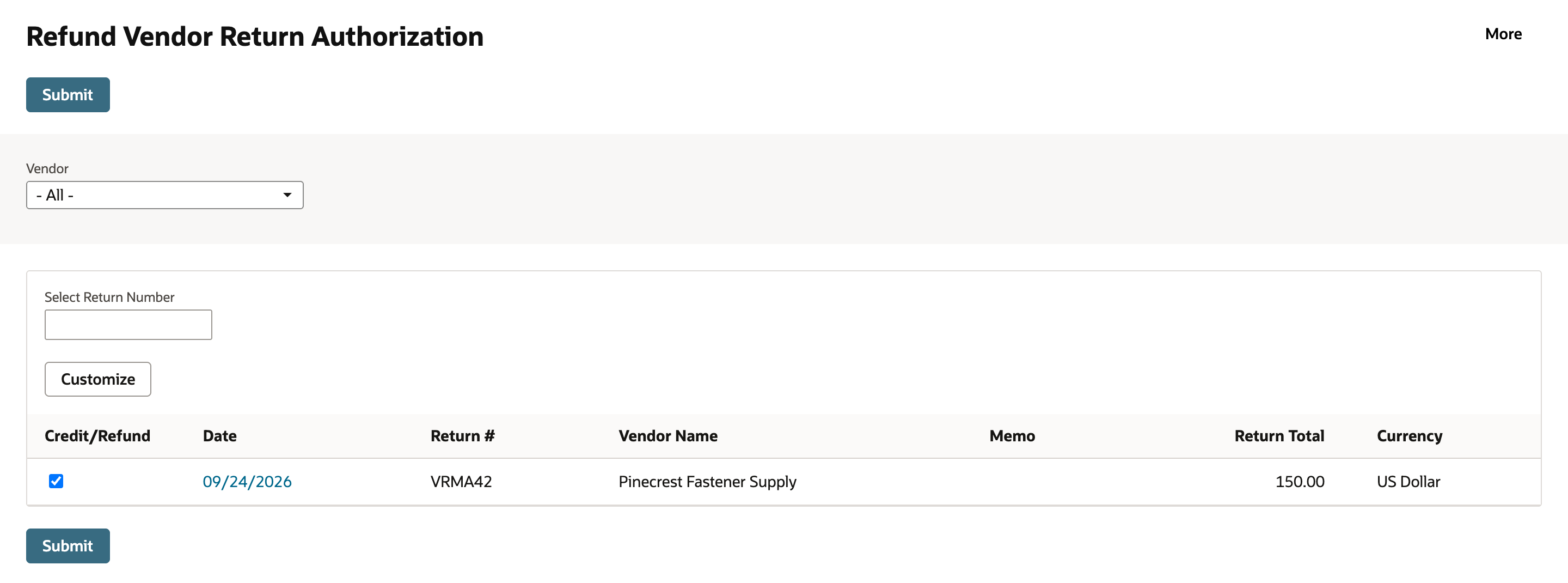 Refund Vendor Return Authorization page with VRMA42, Pinecrest Fastener Supply, Return Total 150.00, and Credit/Refund checked.