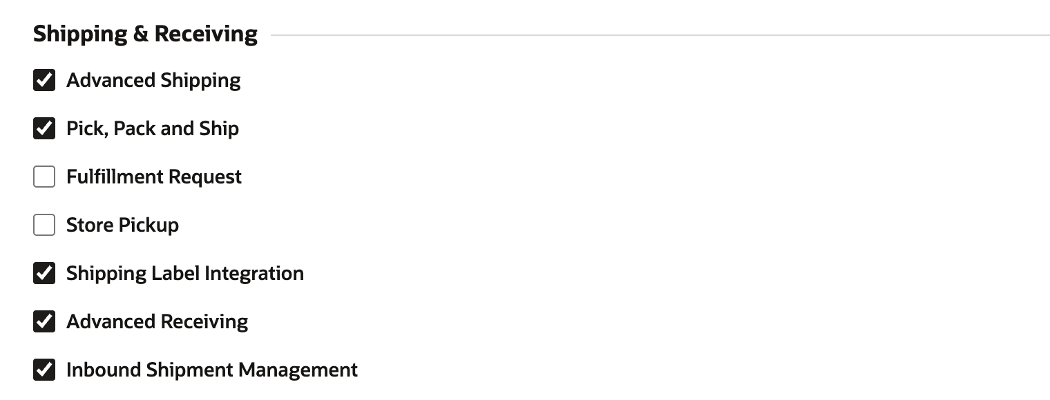 Enable Features, Shipping & Receiving section with Advanced Shipping checked.