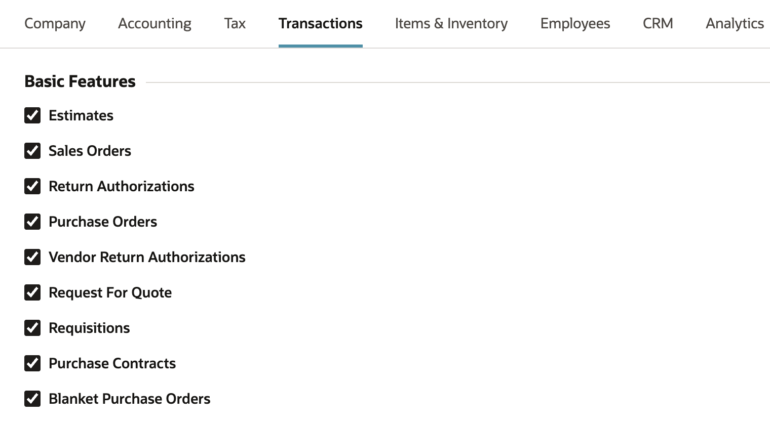 Enable Features, Transactions subtab, Basic Features section with Vendor Return Authorizations checked alongside Purchase Orders and Return Authorizations.
