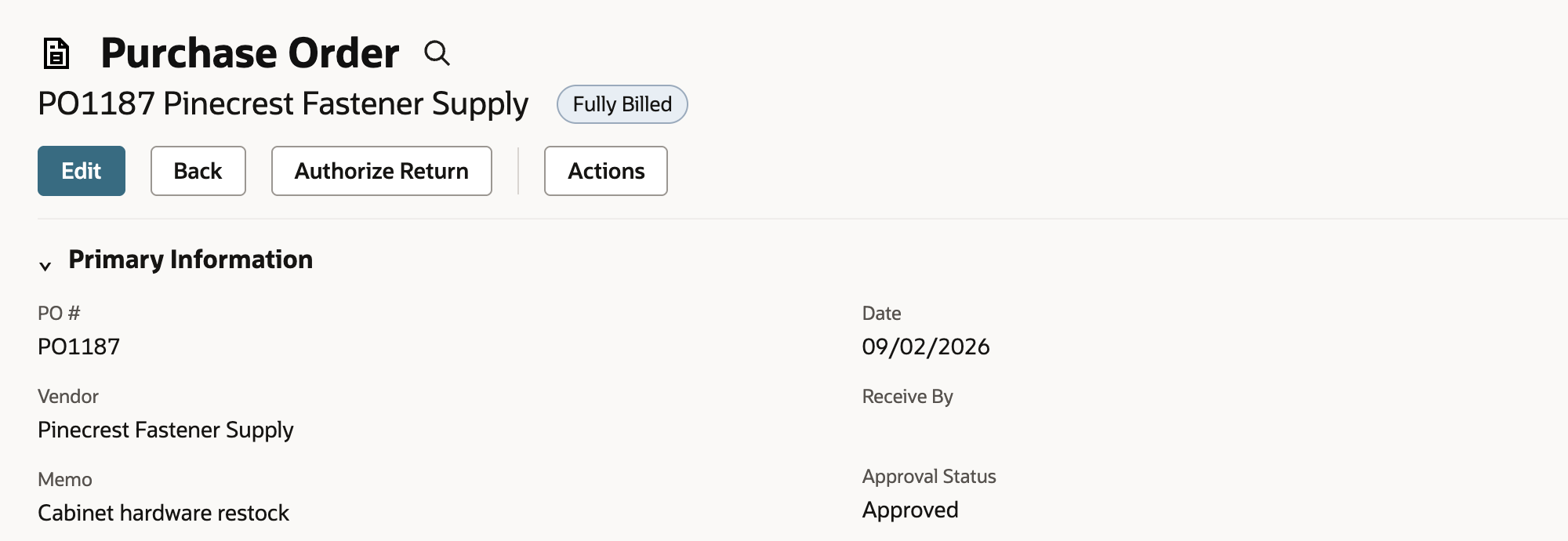 Purchase order PO1187 for Pinecrest Fastener Supply, status Fully Billed, total 1,720.00, with an Authorize Return button and two item lines received and billed.