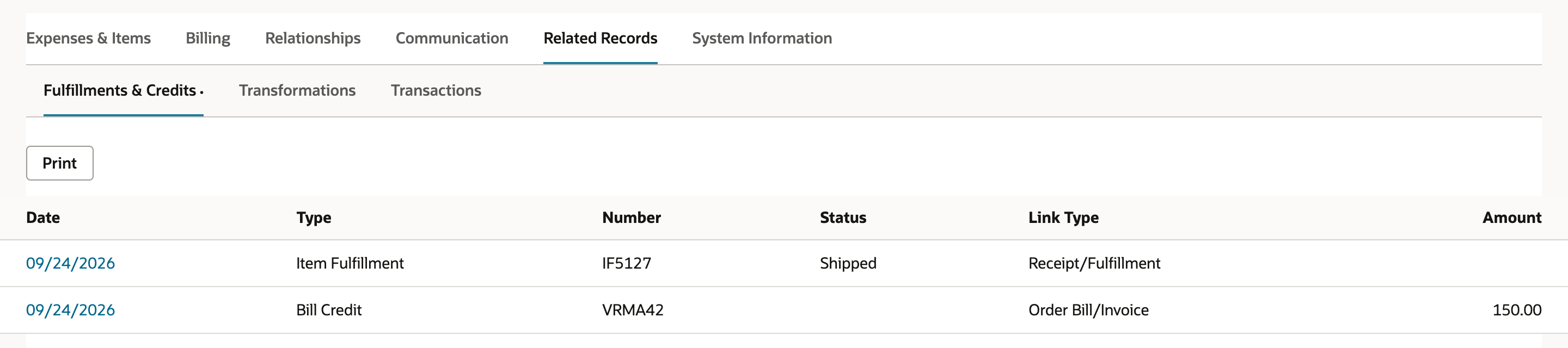 VRMA42 Related Records, Fulfillments & Credits: Item Fulfillment IF5127 with status Shipped and link type Receipt/Fulfillment, and a Bill Credit for 150.00.