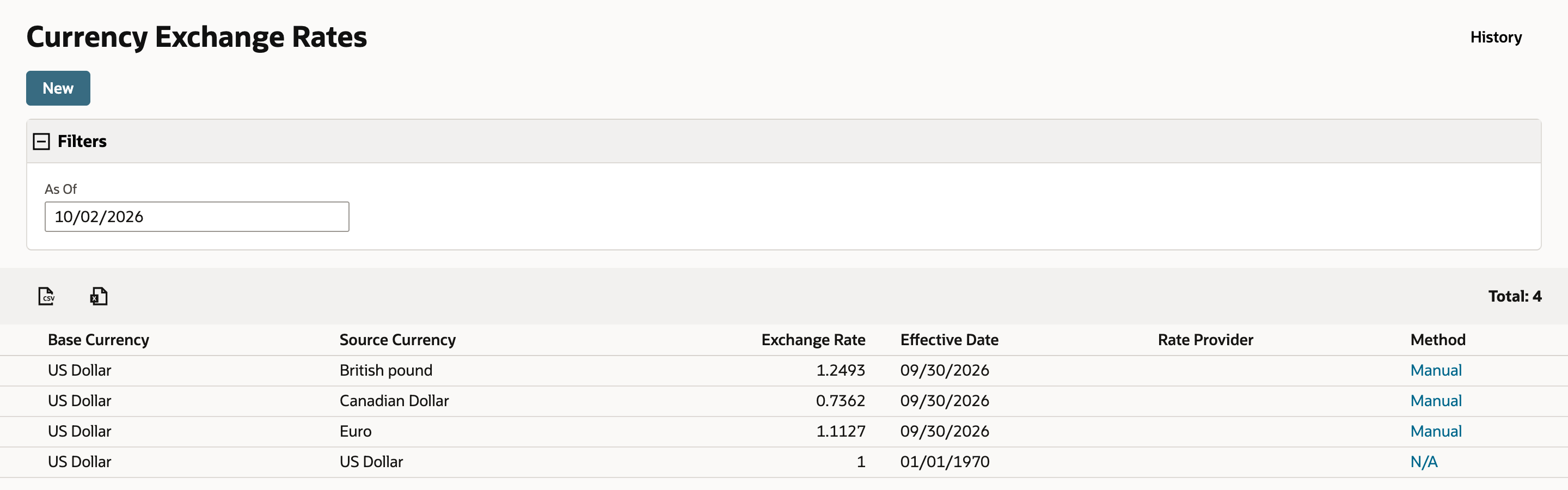 Currency Exchange Rates with base currency US Dollar: British pound 1.2493, Canadian Dollar 0.7362, and Euro 1.1127, all effective 09/30/2026, plus US Dollar 1.
