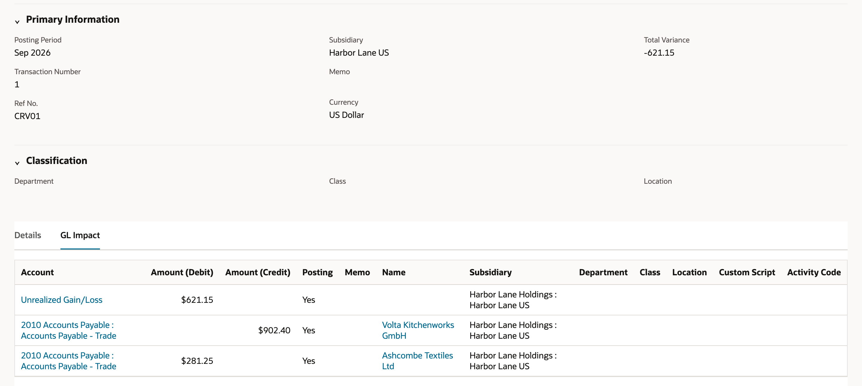 GL Impact: Unrealized Gain/Loss debit $621.15 with an arrow pointing to it; 2010 Accounts Payable : Accounts Payable - Trade credit $902.40 for Volta Kitchenworks GmbH and debit $281.25 for Ashcombe Textiles Ltd.