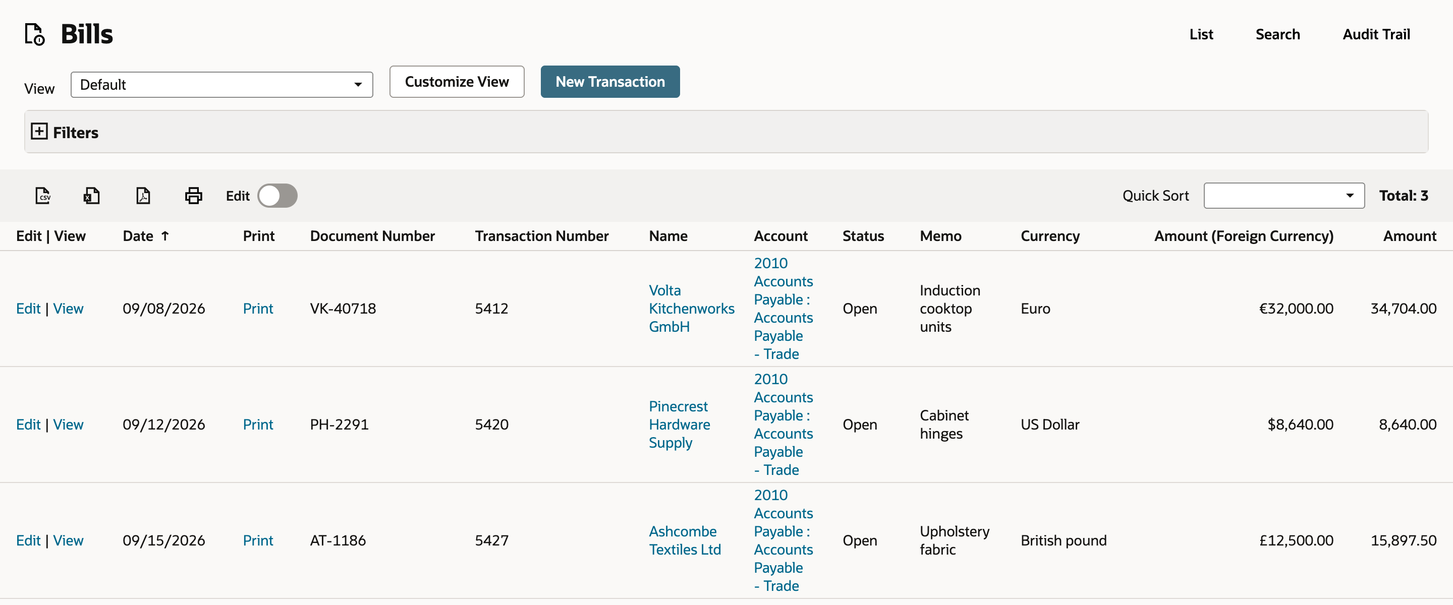 The Bills list with three open bills: Volta Kitchenworks GmbH in Euro, €32,000.00, Amount 34,704.00; Pinecrest Hardware Supply in US Dollar, $8,640.00; Ashcombe Textiles Ltd in British pound, £12,500.00, Amount 15,897.50.