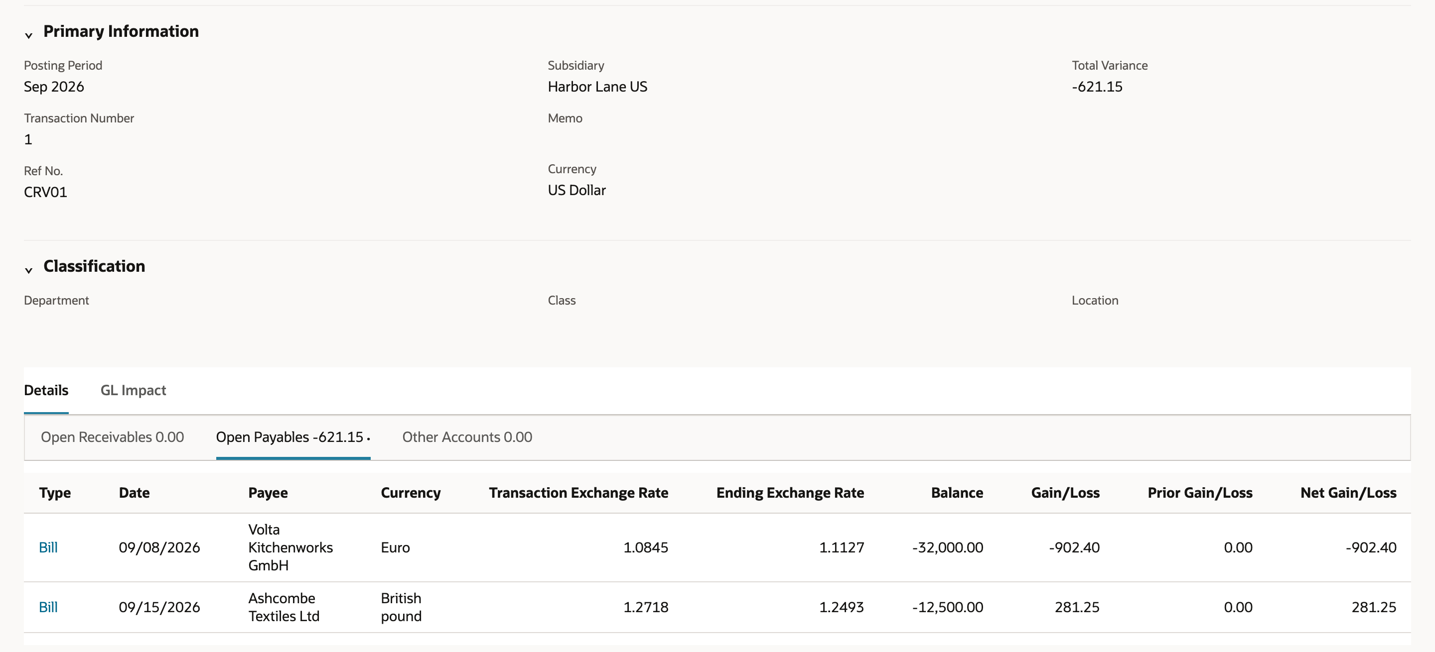 Currency Revaluation with Total Variance -621.15, arrow pointing to it. Open Payables: euro bill 1.0845, 1.1127, -32,000.00, Gain/Loss -902.40, Net -902.40; pound bill 1.2718, 1.2493, -12,500.00, Gain/Loss 281.25, Net 281.25.