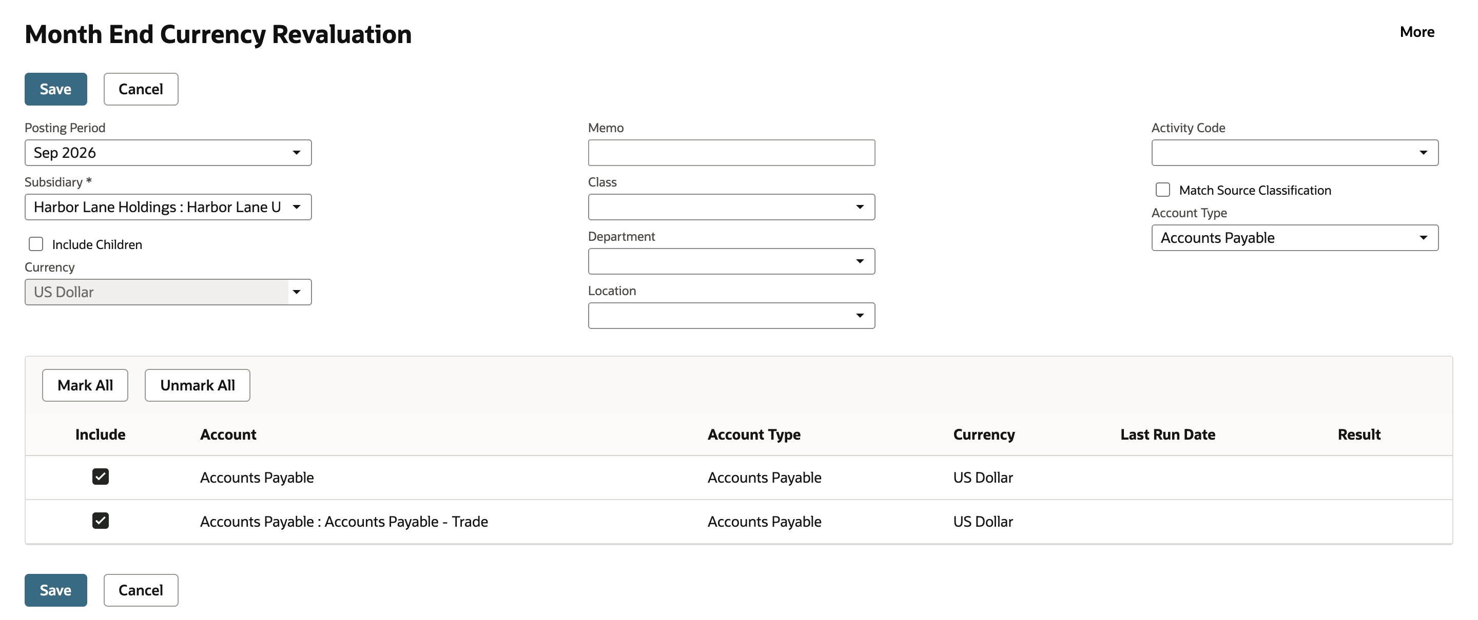 Month End Currency Revaluation with Posting Period Sep 2026, Subsidiary Harbor Lane Holdings : Harbor Lane US, Currency US Dollar, and Account Type Accounts Payable. Two accounts are listed and checked under Include: Accounts Payable and Accounts Payable : Accounts Payable - Trade.