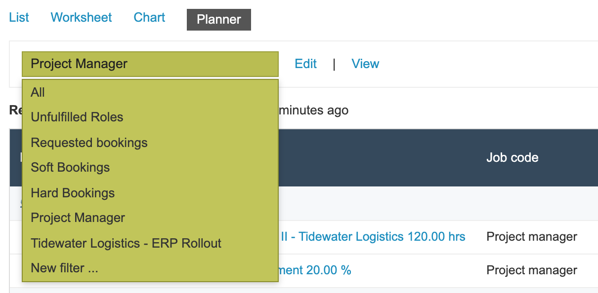 The planner filter list open under Project Manager, with All, Unfulfilled Roles, Requested bookings, Soft Bookings, Hard Bookings, Project Manager, Tidewater Logistics - ERP Rollout and New filter. An arrow points to Tidewater Logistics - ERP Rollout.
