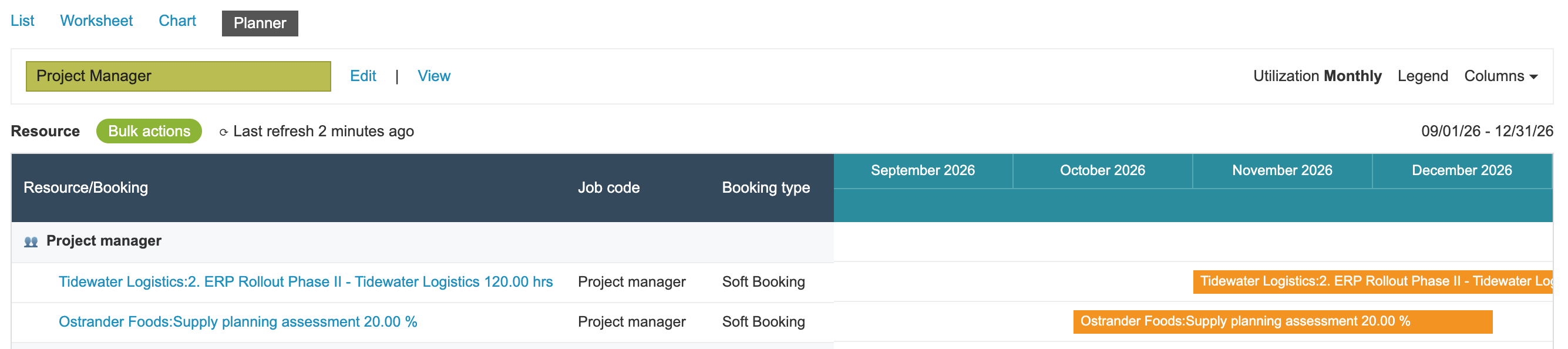Bookings Planner on the Project Manager filter. An arrow points to the generic Project manager resource, which has two Soft Bookings: 2. ERP Rollout Phase II - Tidewater Logistics 120.00 hrs and Supply planning assessment 20.00 %.