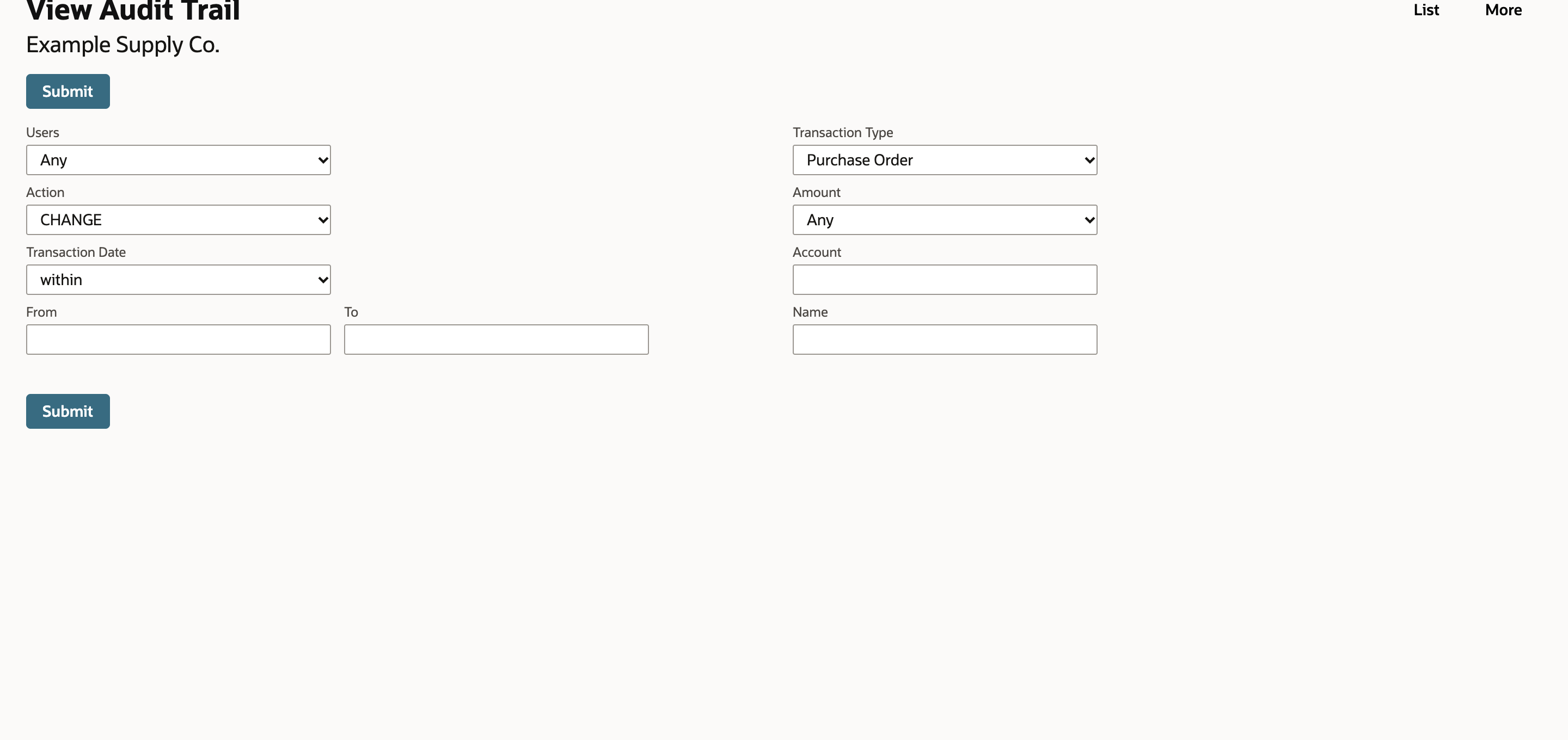 View Audit Trail with CHANGE and Purchase Order selected as filters.