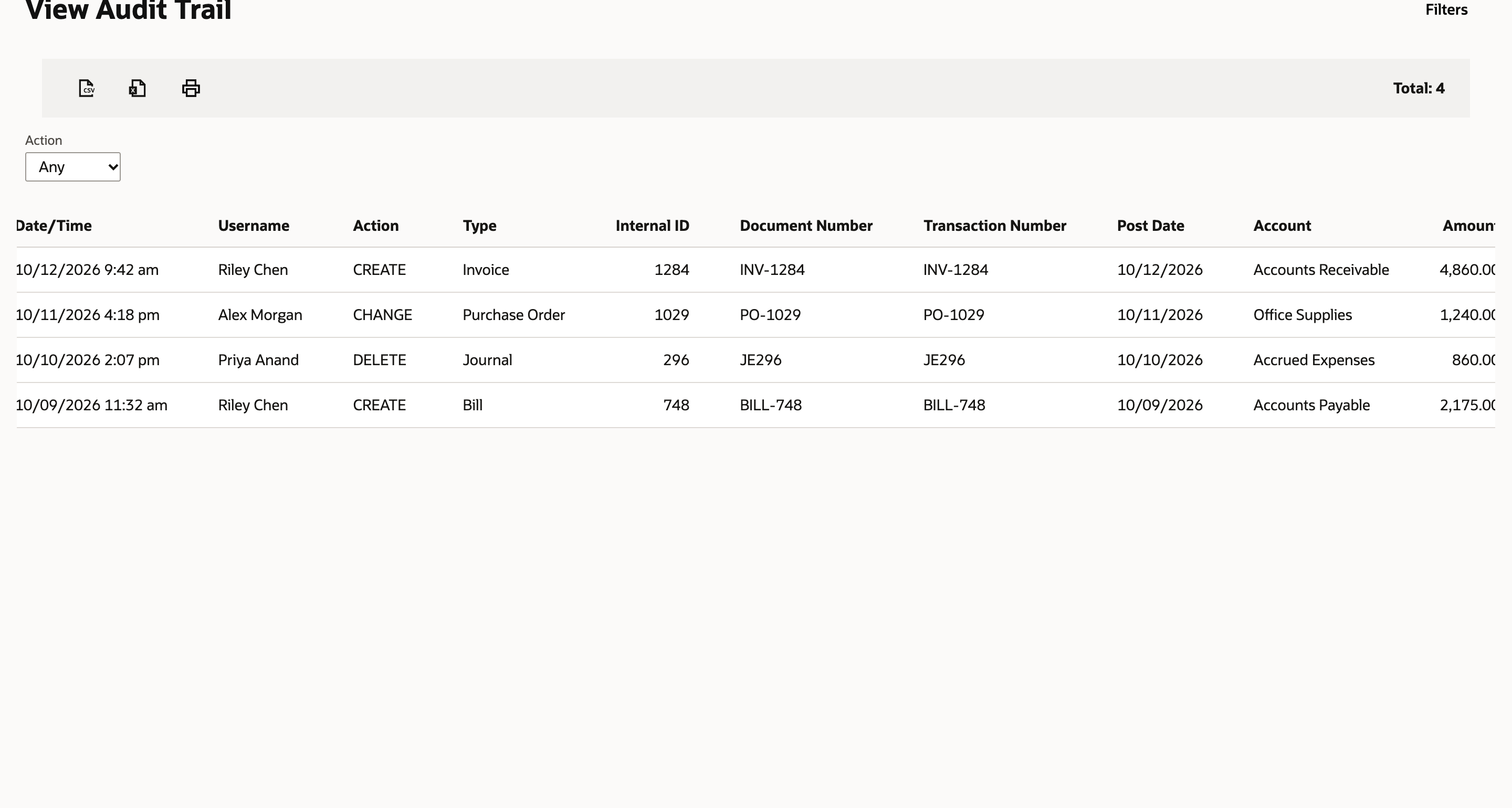 Audit-trail results display the recorded transaction change history.