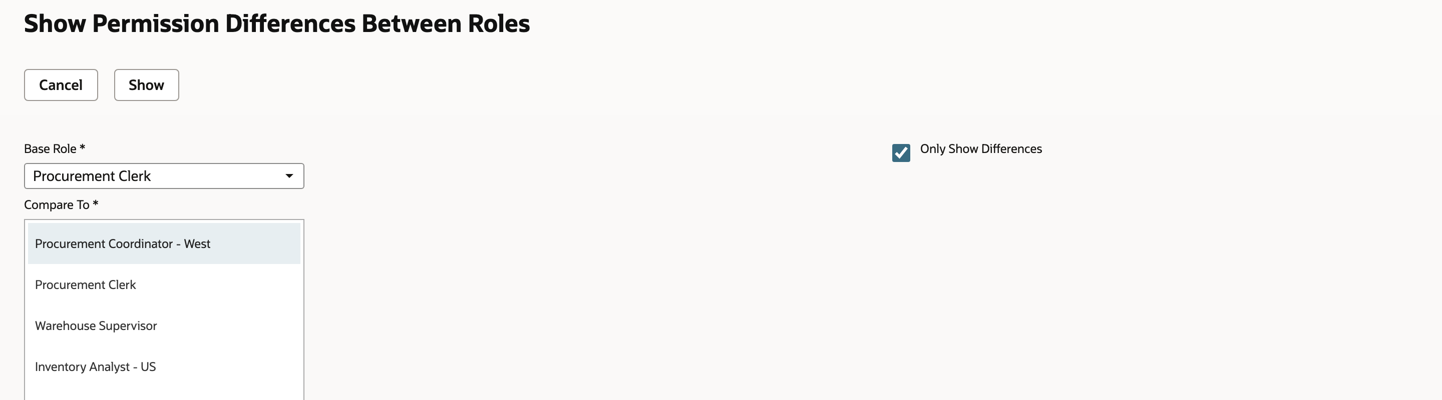 Set the comparison roles and leave Only Show Differences enabled.