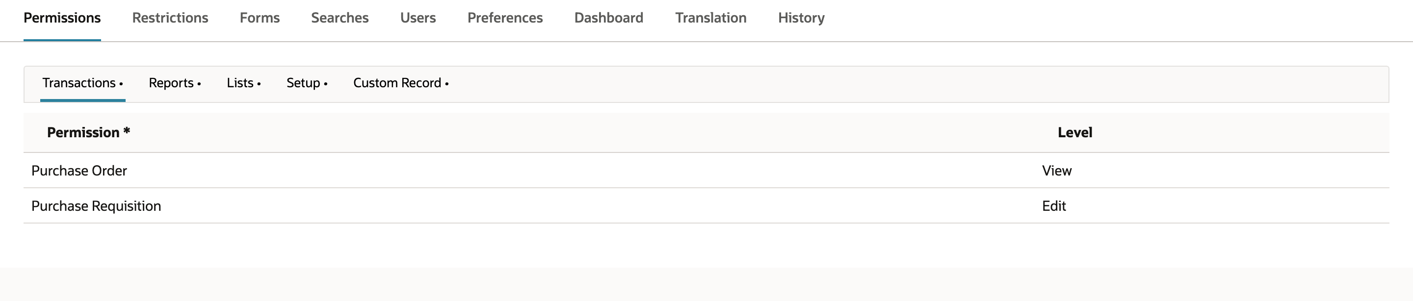 On the custom role form, locate Purchase Order under the transaction permissions.