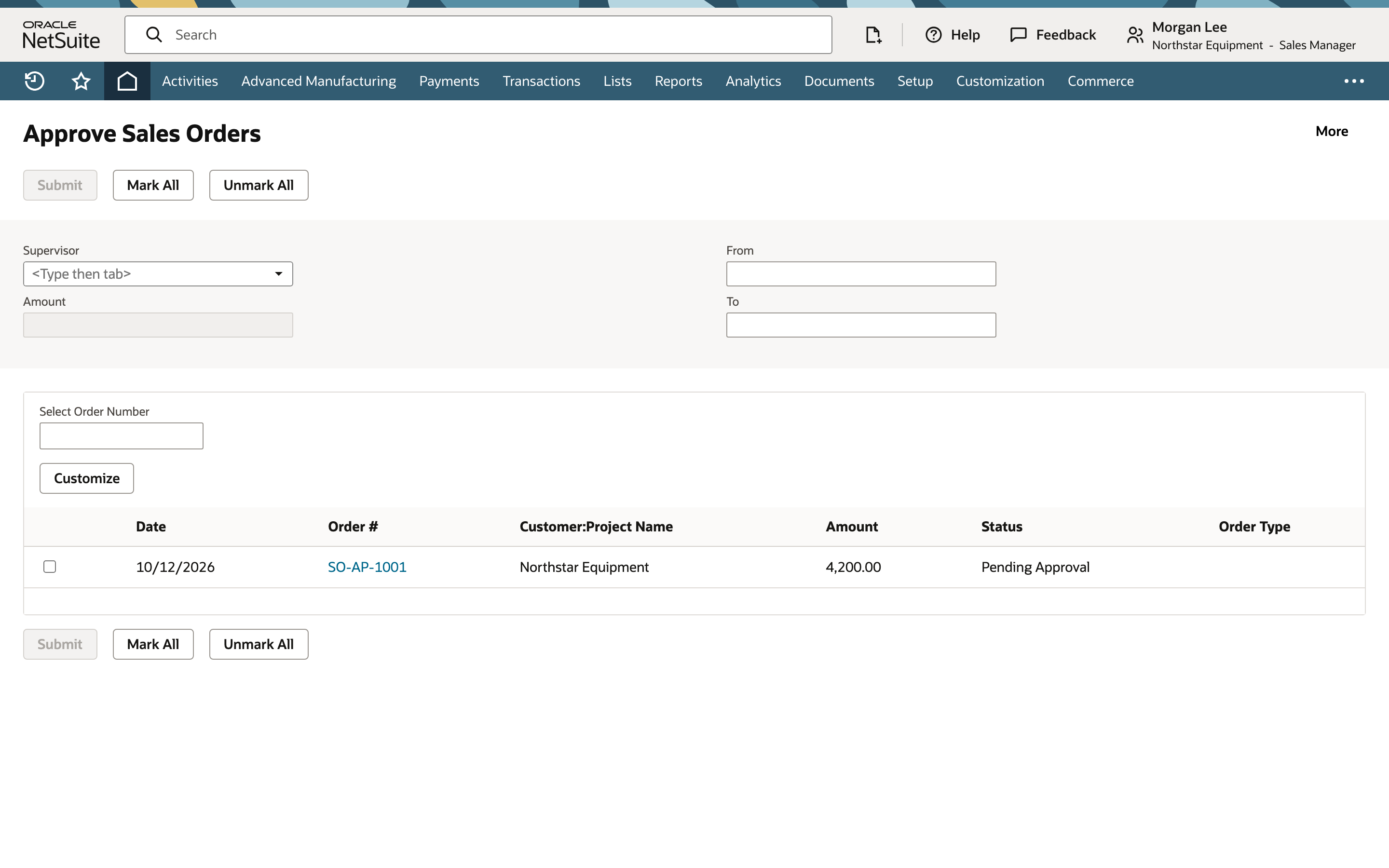 Approval queue showing SO-AP-1001 with Pending Approval status