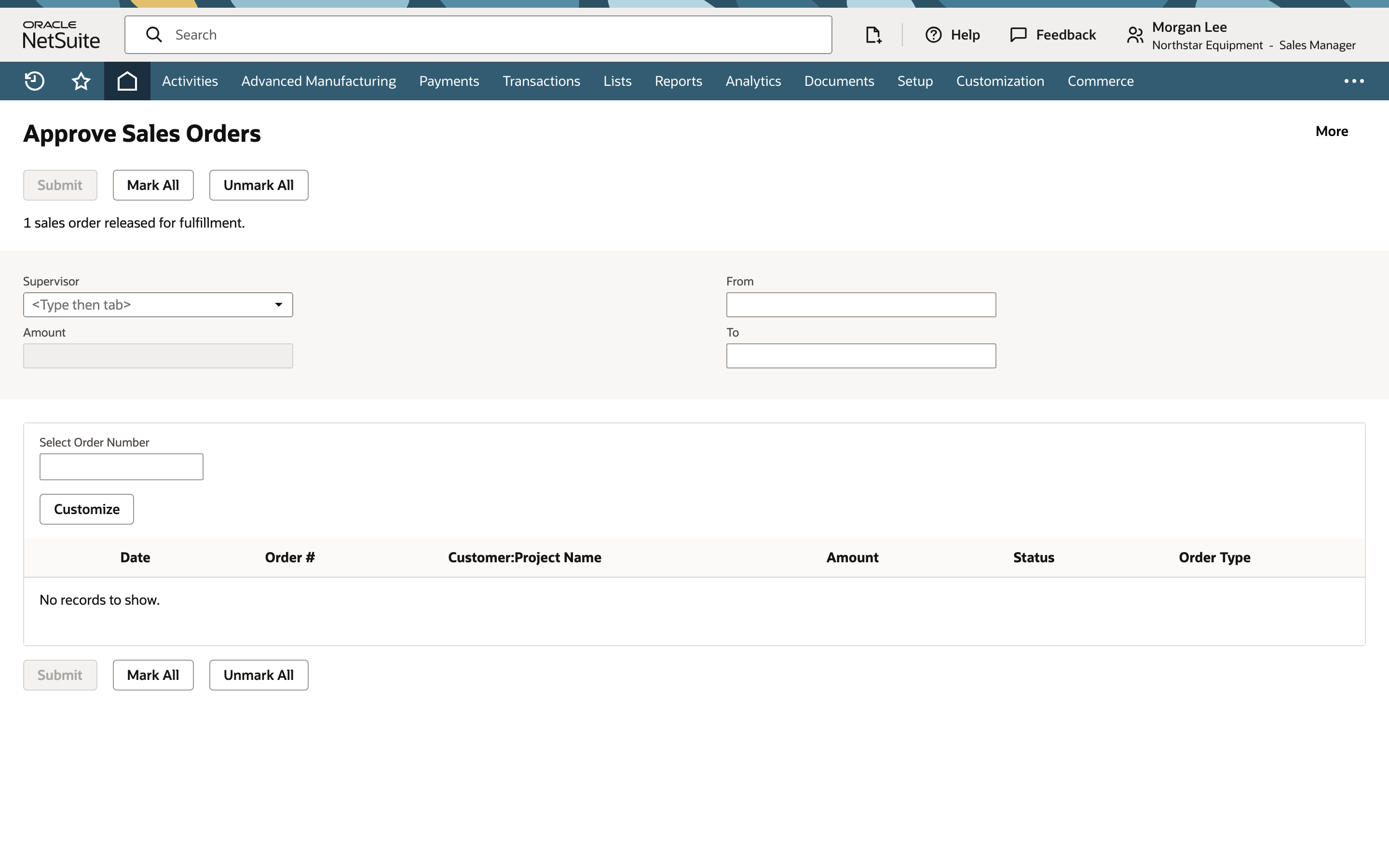 Approval queue confirmation that one sales order was released for fulfillment