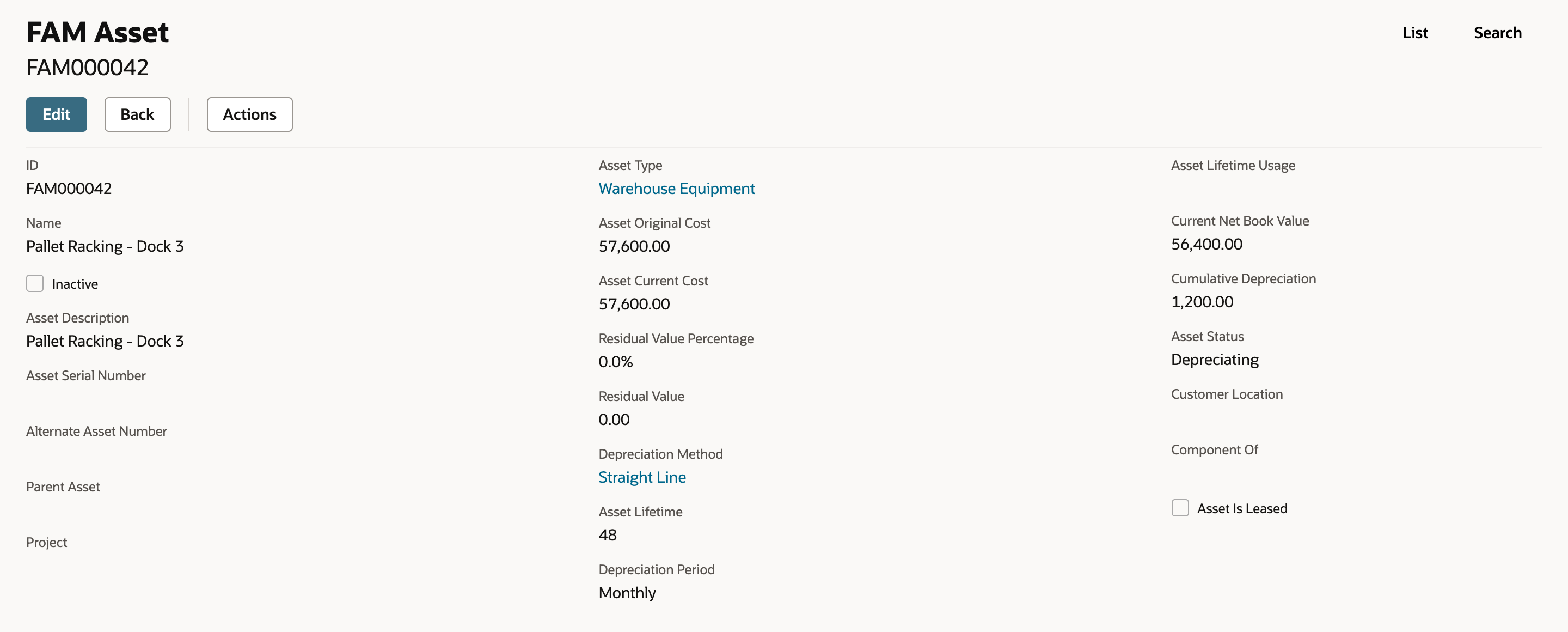 FAM Asset FAM000042 after depreciation: Current Net Book Value 56,400.00, Cumulative Depreciation 1,200.00, Asset Status Depreciating.