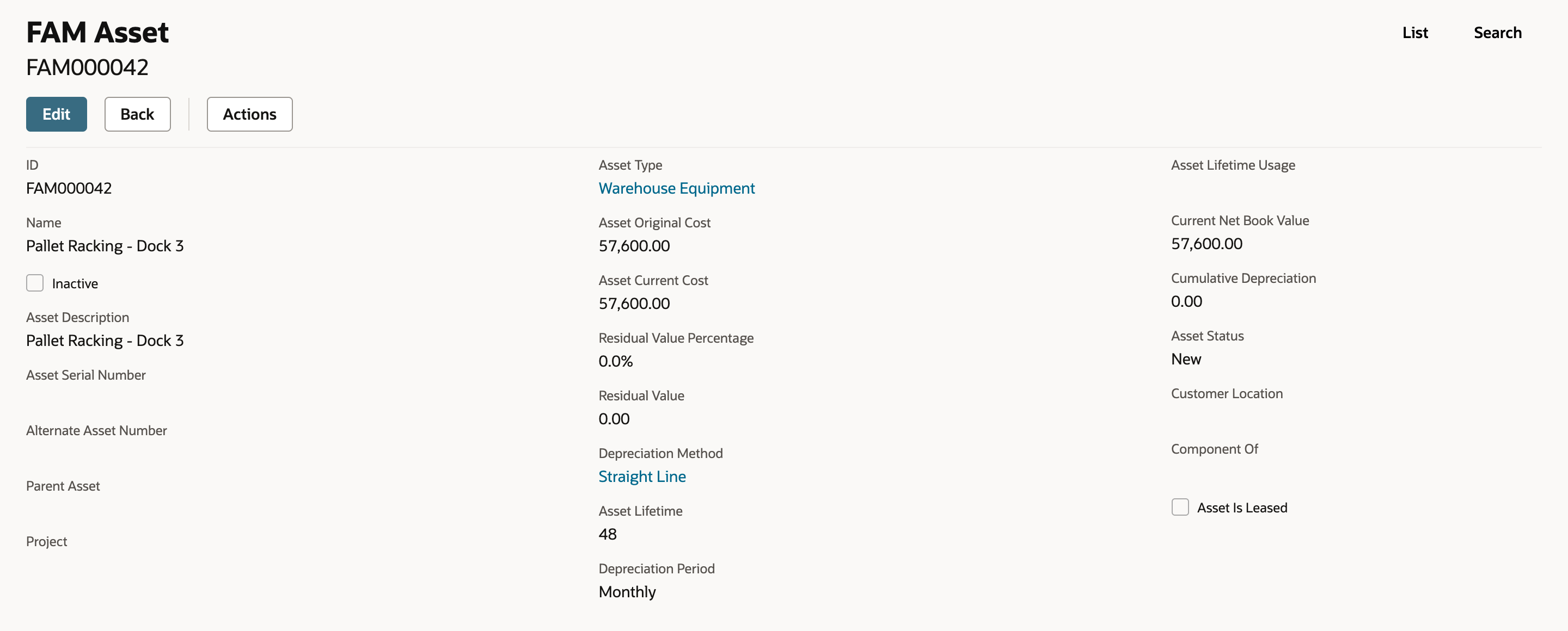 FAM Asset FAM000042, Pallet Racking - Dock 3, before depreciation: Asset Original Cost 57,600.00, Current Net Book Value 57,600.00, Cumulative Depreciation 0.00, Asset Status New, Asset Lifetime 48.