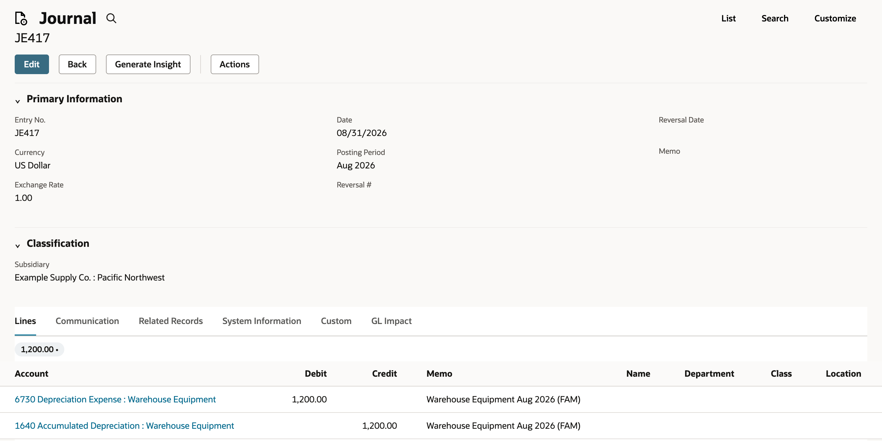 Journal JE417: Date 08/31/2026, Posting Period Aug 2026, Subsidiary Example Supply Co. : Pacific Northwest, lines debit 6730 Depreciation Expense : Warehouse Equipment 1,200.00 and credit 1640 Accumulated Depreciation : Warehouse Equipment 1,200.00, memo Warehouse Equipment Aug 2026 (FAM).