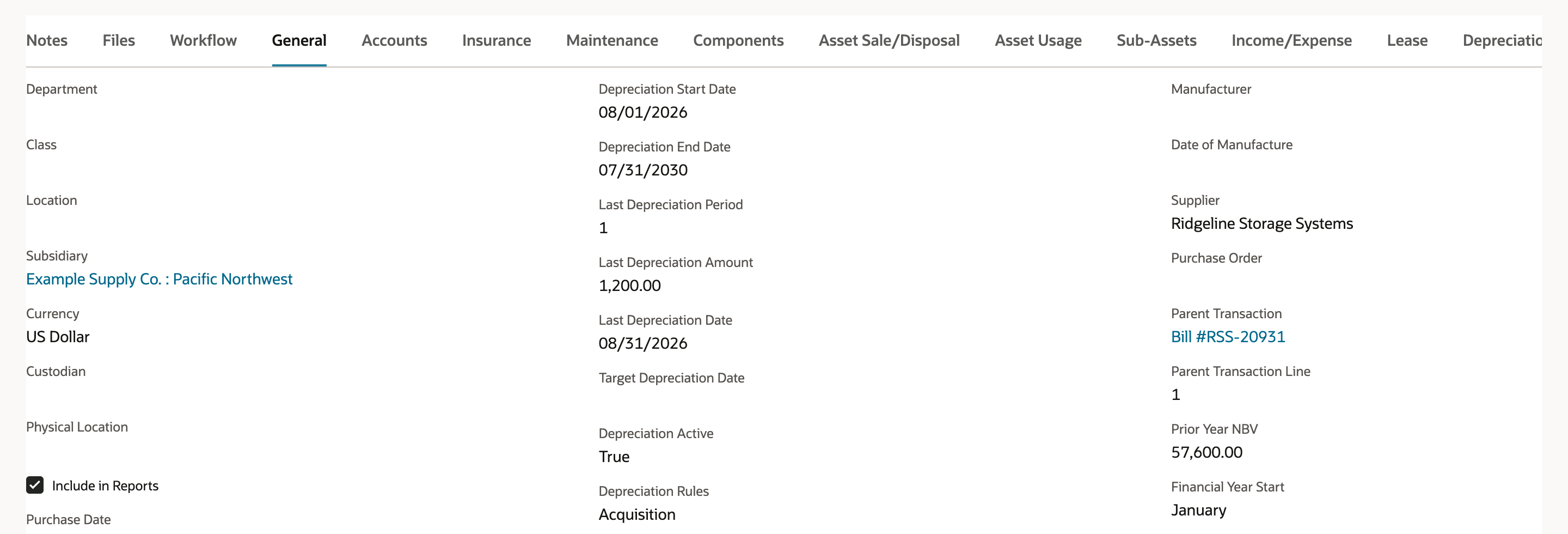 General subtab of FAM000042 after the run: Last Depreciation Period 1, Last Depreciation Amount 1,200.00, Last Depreciation Date 08/31/2026.