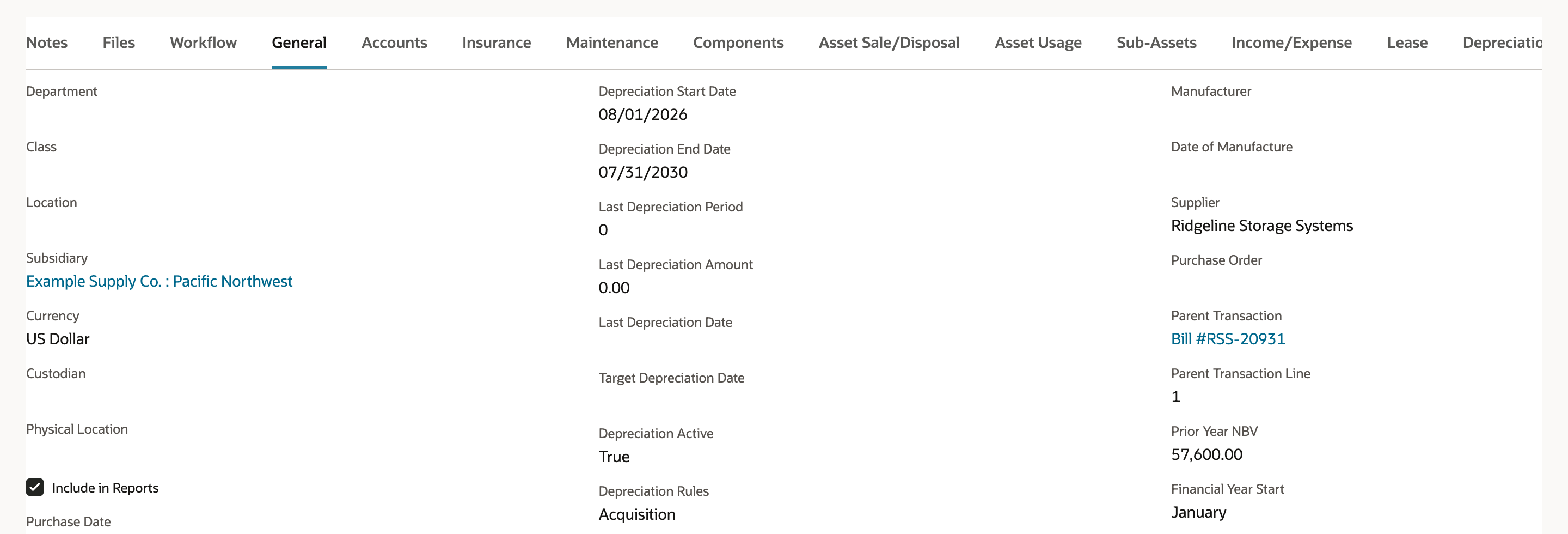 General subtab of FAM000042: Depreciation Start Date 08/01/2026, Last Depreciation Period 0, Last Depreciation Amount 0.00, Last Depreciation Date blank.