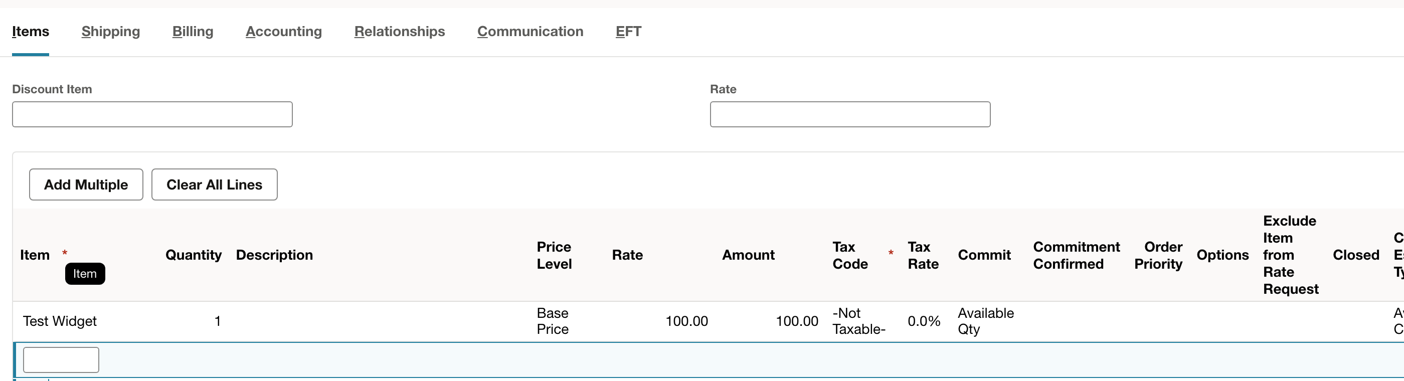 NetSuite: Review the committed item row and its quantity.