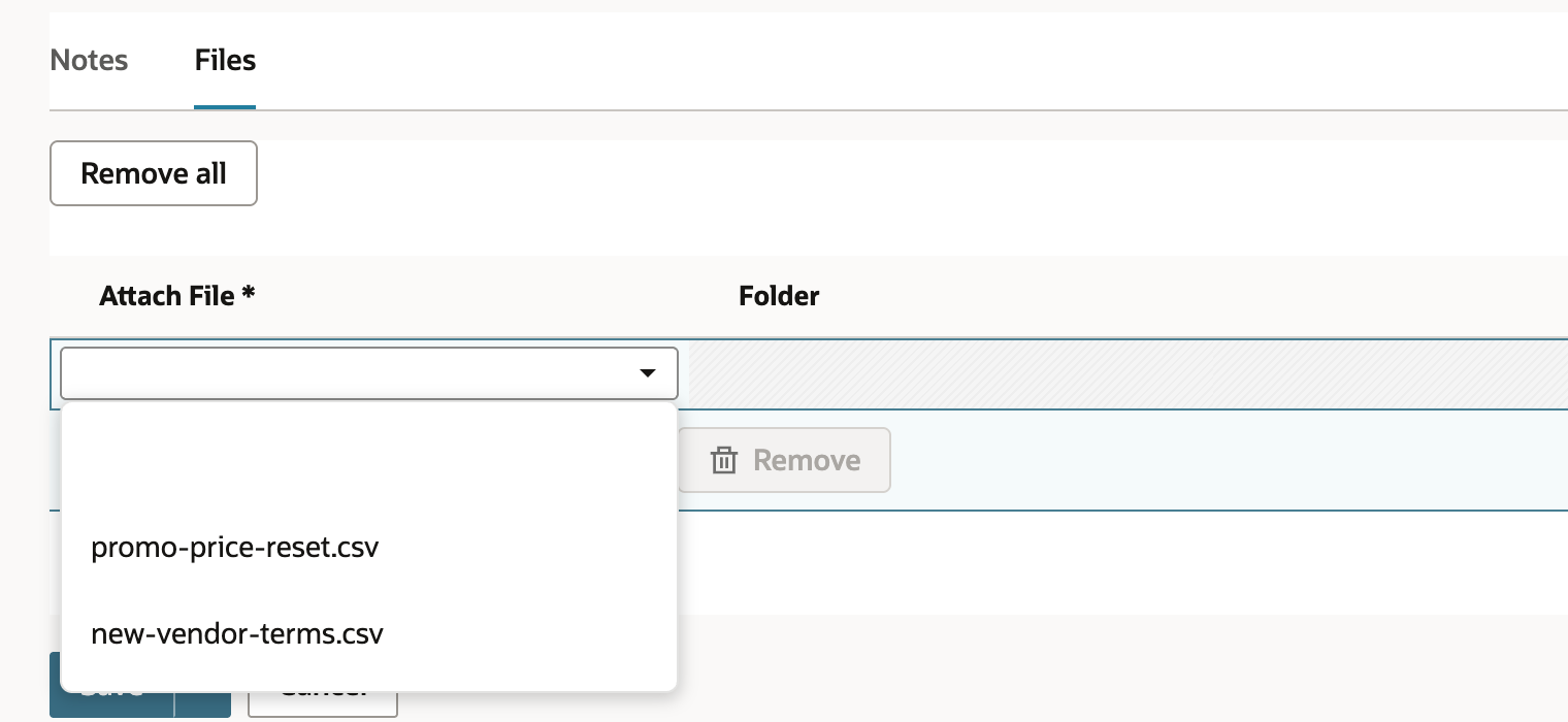 The Files subtab with the Attach File list open, showing promo-price-reset.csv and new-vendor-terms.csv. An arrow points to promo-price-reset.csv.