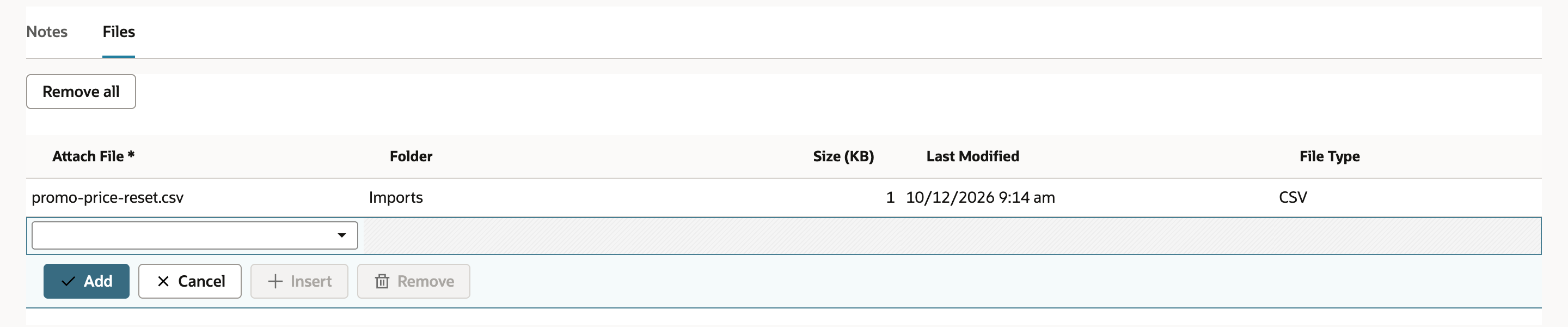 The Files sublist with one line: promo-price-reset.csv, Folder Imports, Size (KB) 1, Last Modified 10/12/2026 9:14 am, File Type CSV.
