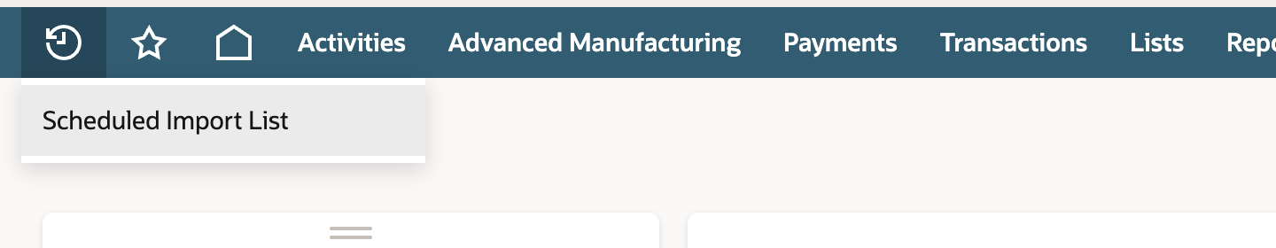 The Recent Records menu open under the clock icon, listing Scheduled Import List.
