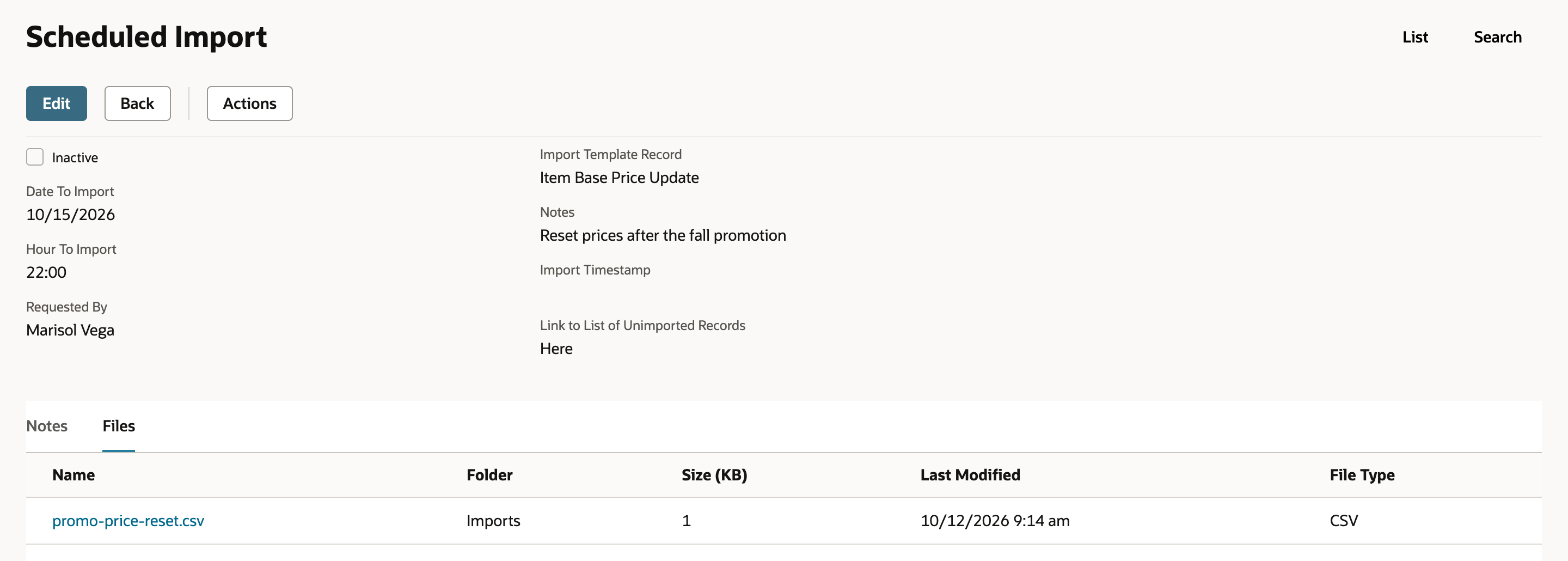 The saved Scheduled Import with the Files subtab open, listing promo-price-reset.csv in the Imports folder, 1 KB, CSV.