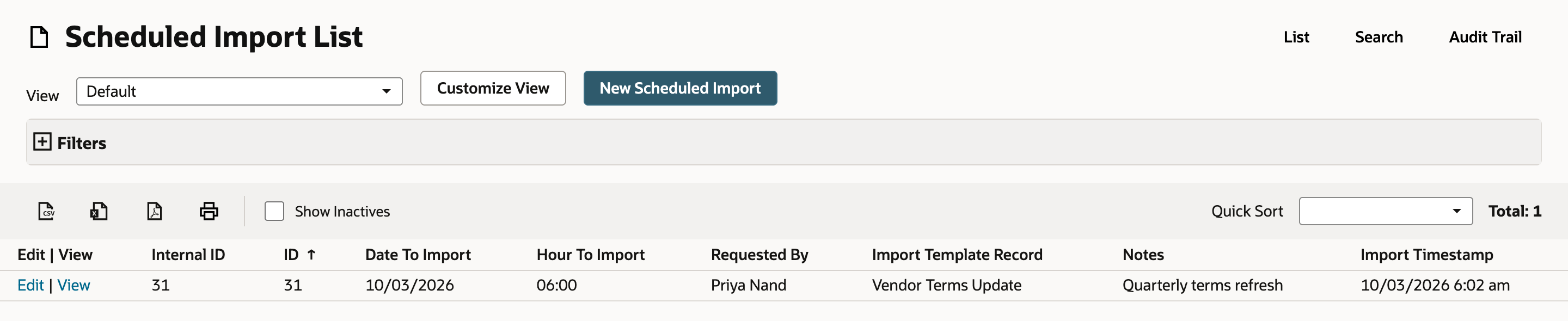 Scheduled Import List with one row: Date To Import 10/03/2026, Hour To Import 06:00, Requested By Priya Nand, Import Template Record Vendor Terms Update, Import Timestamp 10/03/2026 6:02 am. A New Scheduled Import button is at the top.